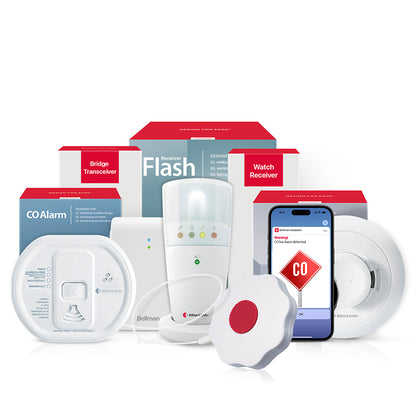Smoke/Fire and Carbon Monoxide Alarm Notification System with Bluetooth Bridge, Flash Receiver, and Bed Shaker