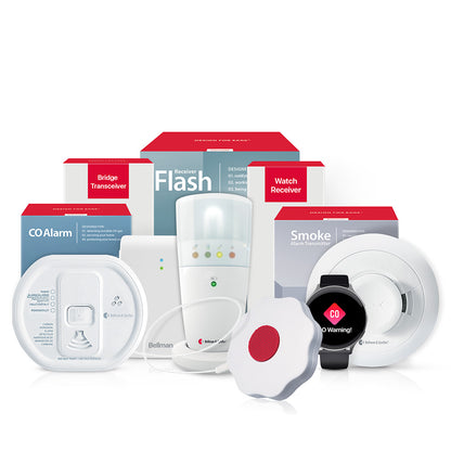 Smoke/Fire and Carbon Monoxide Alarm Notification System with Flash Receiver, Bed Shaker, Bridge, and Watch Receiver