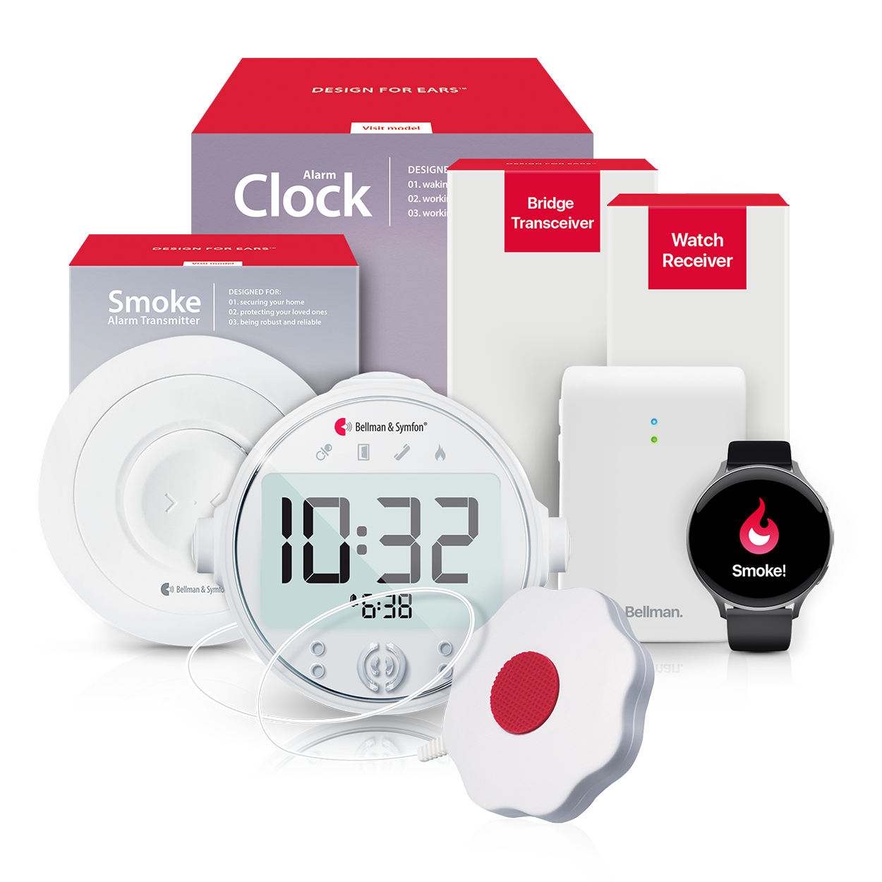 Smoke/Fire Alarm System with Alarm Clock Receiver, Bridge, and Watch Receiver
