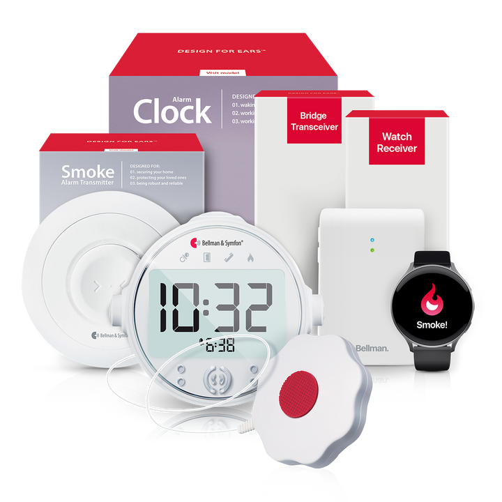 Smoke/Fire Alarm System with Alarm Clock Receiver, Bridge, and Watch Receiver