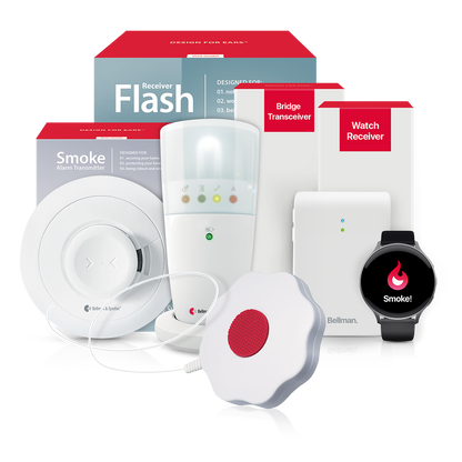 Smoke/Fire Alarm System with Flash Receiver, Bed Shaker, Bridge, and Watch Receiver