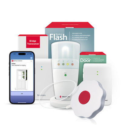 Doorbell Monitoring System with Bluetooth Bridge, Flash Receiver, and Bed Shaker