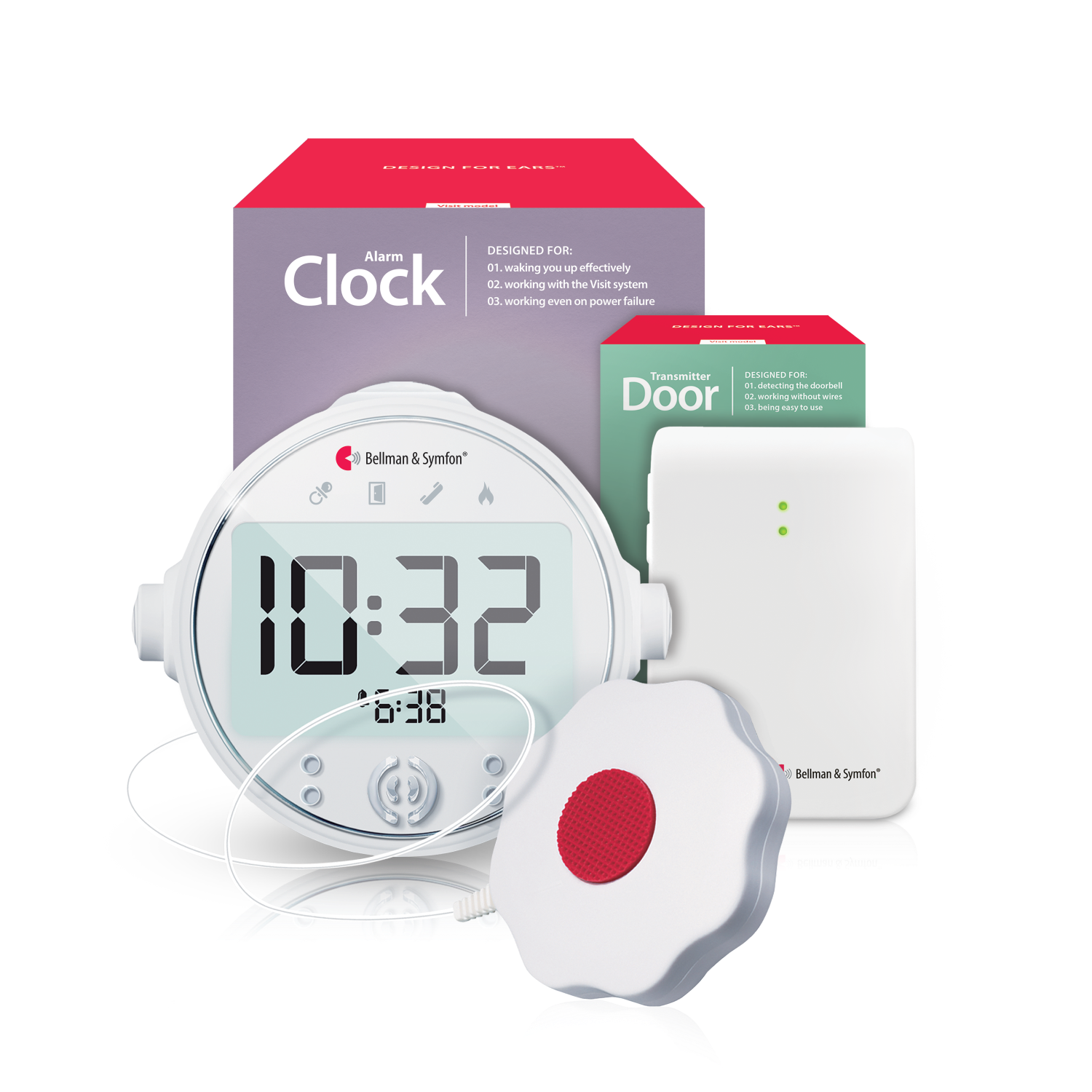 Doorbell System with Alarm Clock Receiver and Bed Shaker for hard of hearing users